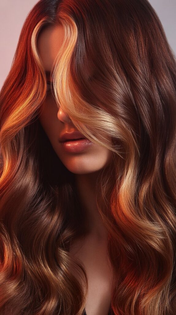 34 Trendy Brunette Balayage Hairstyles with a Money Piece 23 Burgundy Brown Balayage with Copper Blonde Money Piece