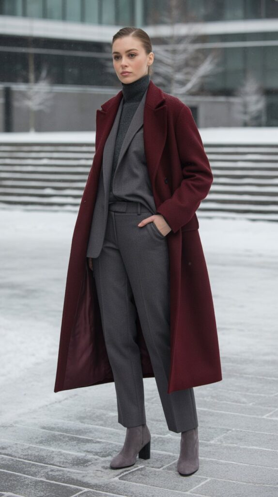 28 Classy Winter Outfits for Women for an Elegant Cold-Weather Look 17 Burgundy Coat with Gray Accessories