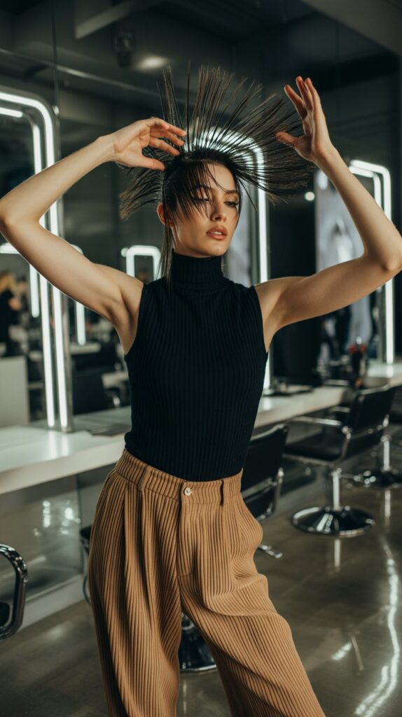 33 Chic Hairstylist Outfits for Work This Summer 20 Pleated Pants with Sleeveless Turtleneck