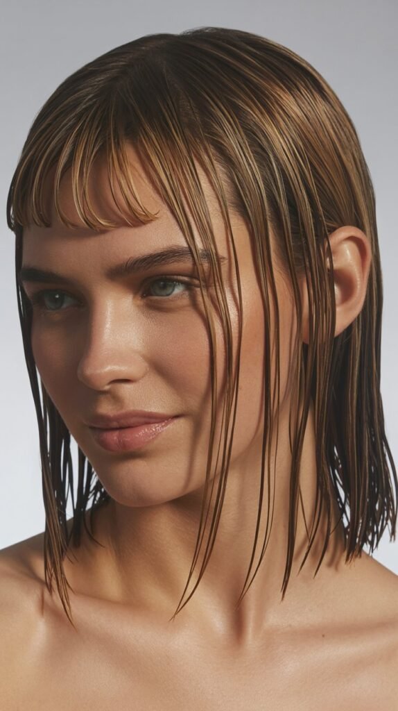 Long Bob with Curtain Bangs and Wet Look Styling