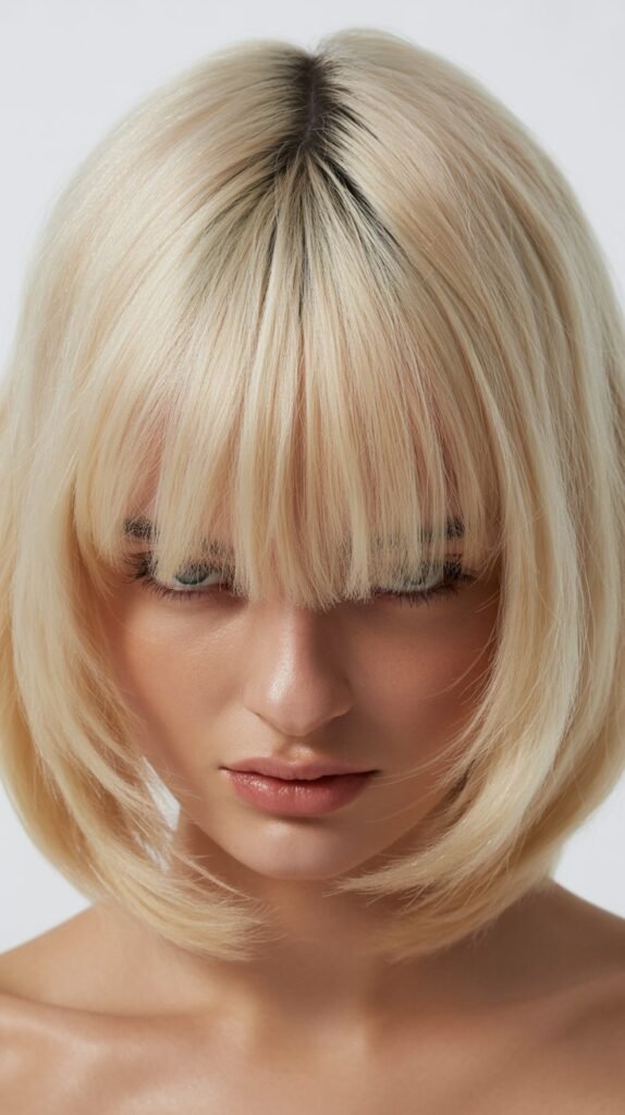 Long Bob with Curtain Bangs and Platinum Blonde