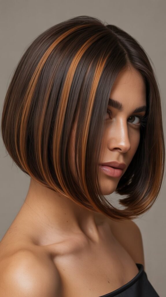 Graduated Bob with Caramel Highlights on Top Layers