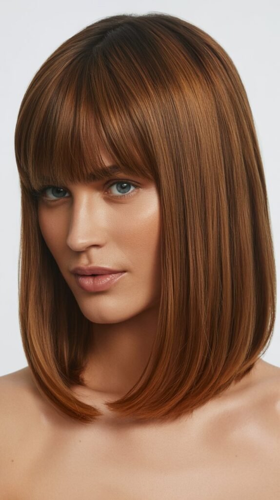 Classic Straight Long Bob with Wispy Curtain Bangs