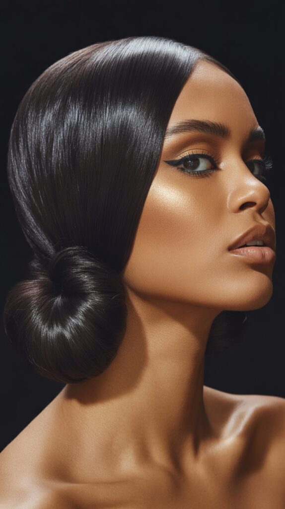 Top 33+ Baddie Hairstyles for Black Women Turn Heads 3 Slicked Back Bun with Middle Part