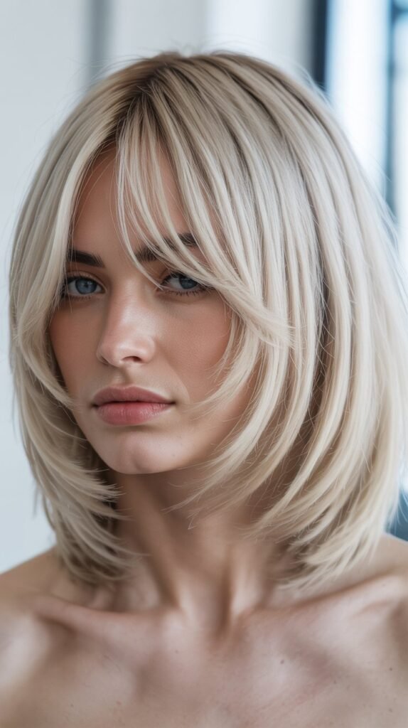 Long Bob with Curtain Bangs and Icy Platinum Blonde