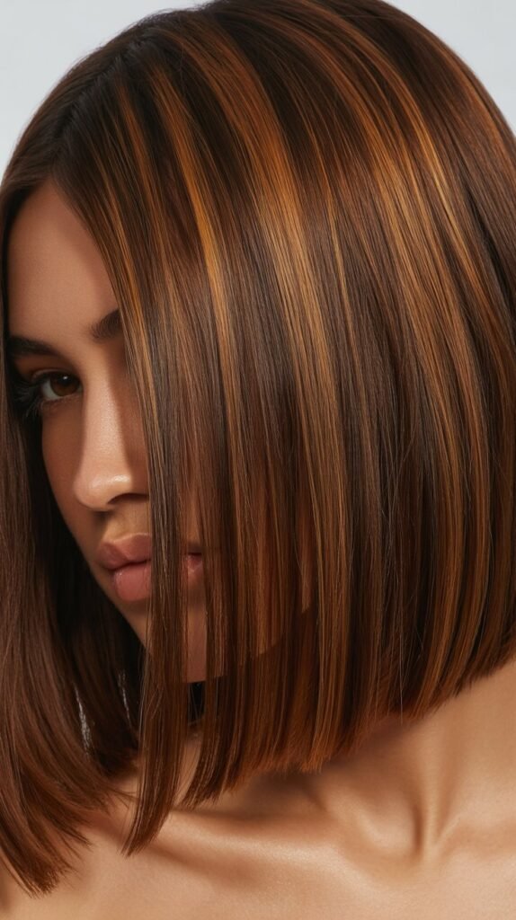 Bob with Caramel Highlights and Glass Hair Finish
