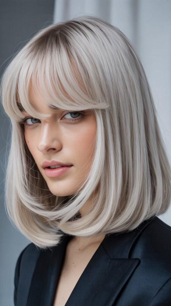 Long Bob with Curtain Bangs and Platinum Blonde Color