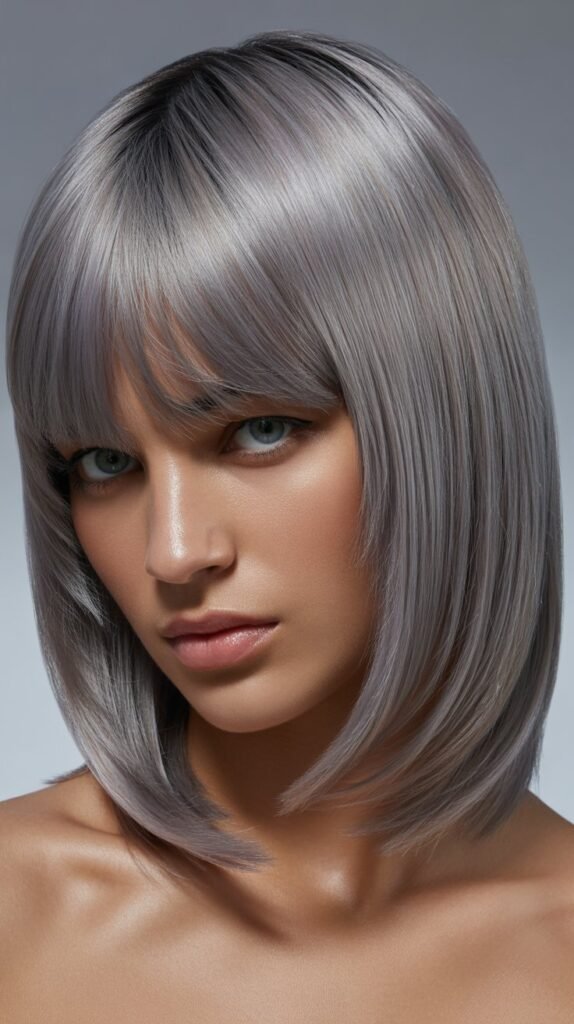 Sleek Long Bob with Curtain Bangs and Glass Hair Finish