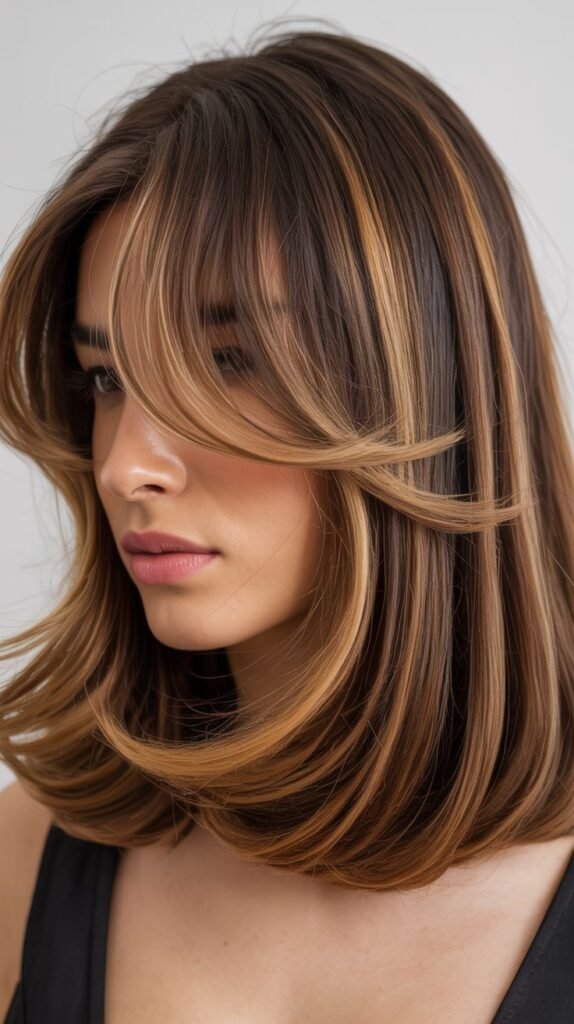  Long Bob with Curtain Bangs and Balayage