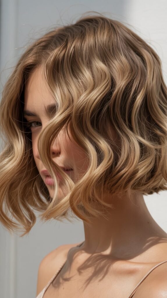 Wavy Angled Bob with Beach Waves
