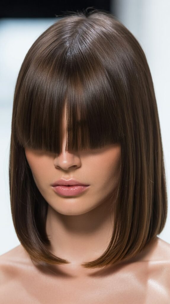 Sleek Long Bob with Blunt Curtain Bangs