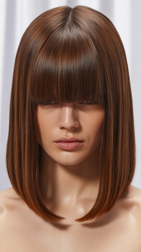 Sleek Straight Long Bob with Center-Parted Curtain Bangs