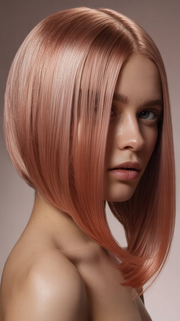 Long Angled Bob with Rose Gold Color