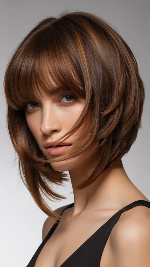 Voluminous Angled Bob with Layered Bangs