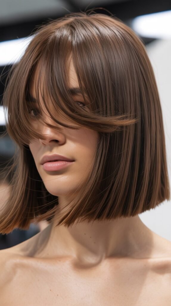 Classic Blunt Long Bob with Wispy Curtain Bangs