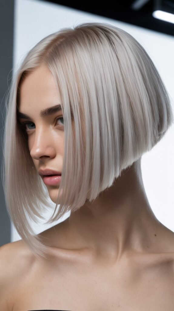 Platinum Blonde Long Angled Bob