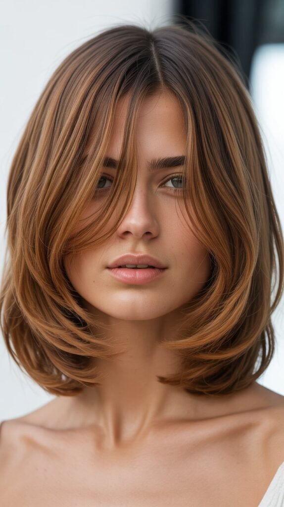 Textured Lob with Long Flowing Curtain Bangs