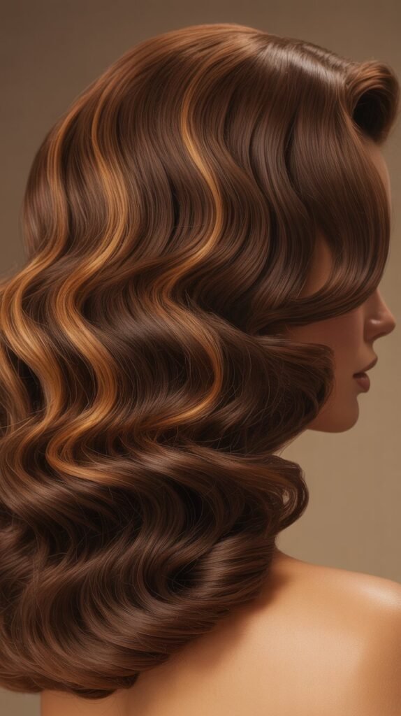 Brown Wig with Caramel Highlights in Glamorous Hollywood Waves
