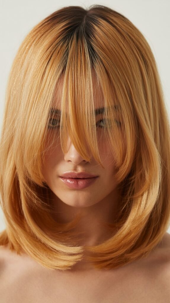 Long Bob with Curtain Bangs and Honey Blonde Color