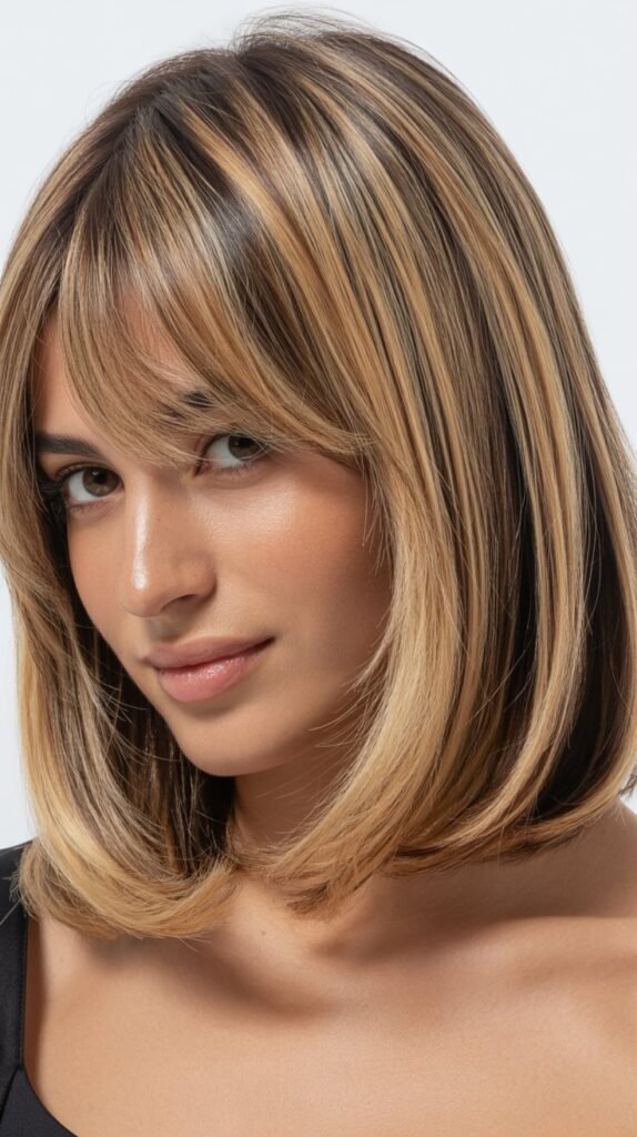 Highlighted Long Bob with Dimensional Curtain Bangs