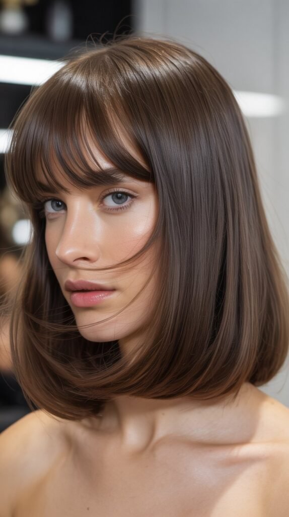 Long Bob with Curtain Bangs and Glossy Finish