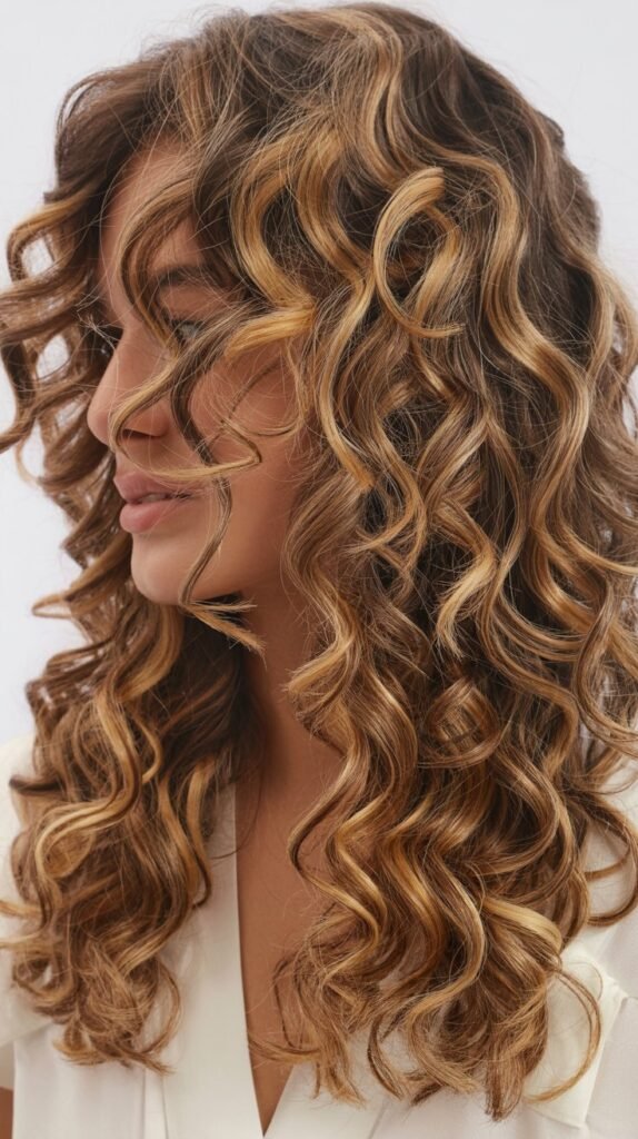 Curly Hair with Long Layers and Balayage