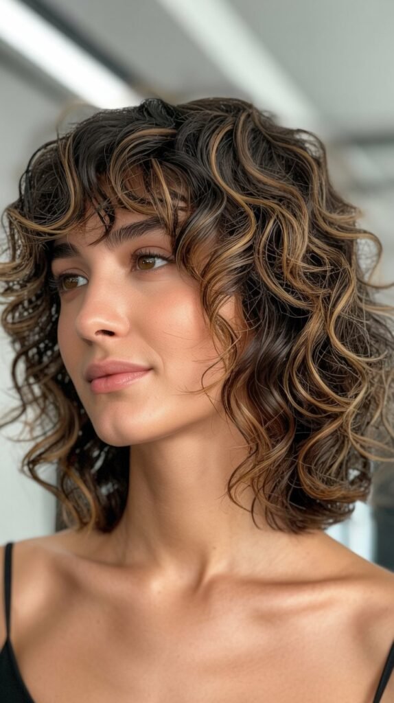 Curly Long Bob with Curtain Bangs