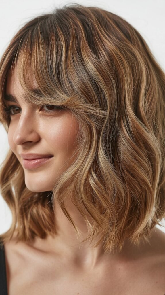 Textured Wavy Lob with Wispy Curtain Bangs