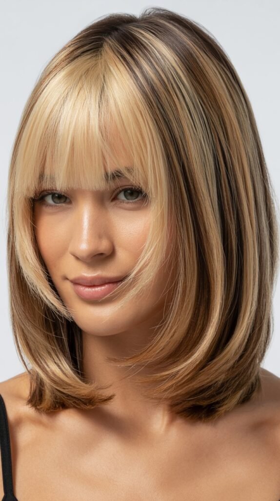Long Bob with Curtain Bangs and Money Pieces