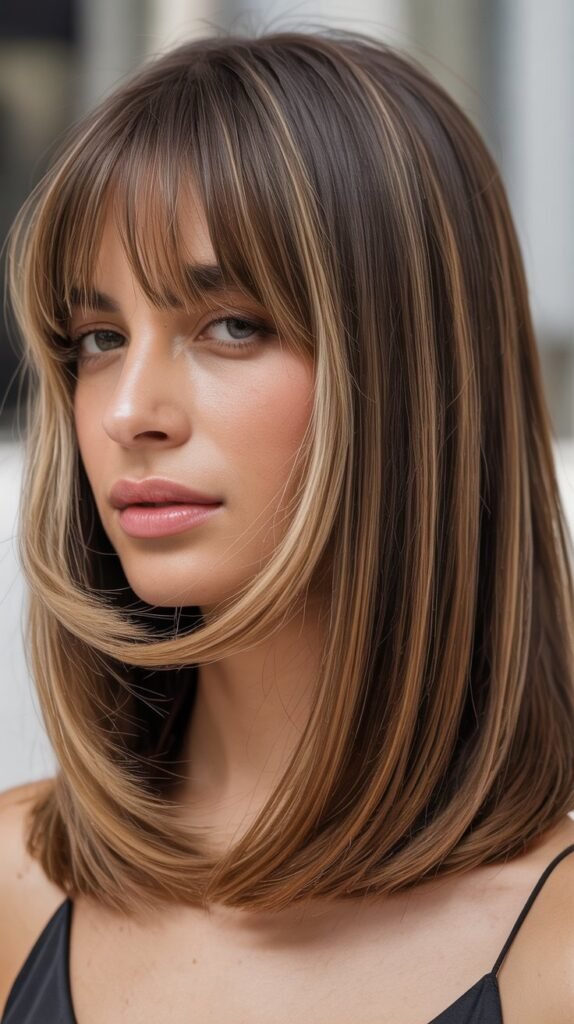 Long Bob with Curtain Bangs and Highlights