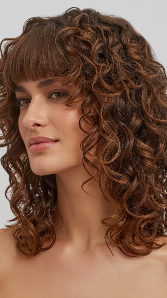 Curly Long Bob with Full Bangs
