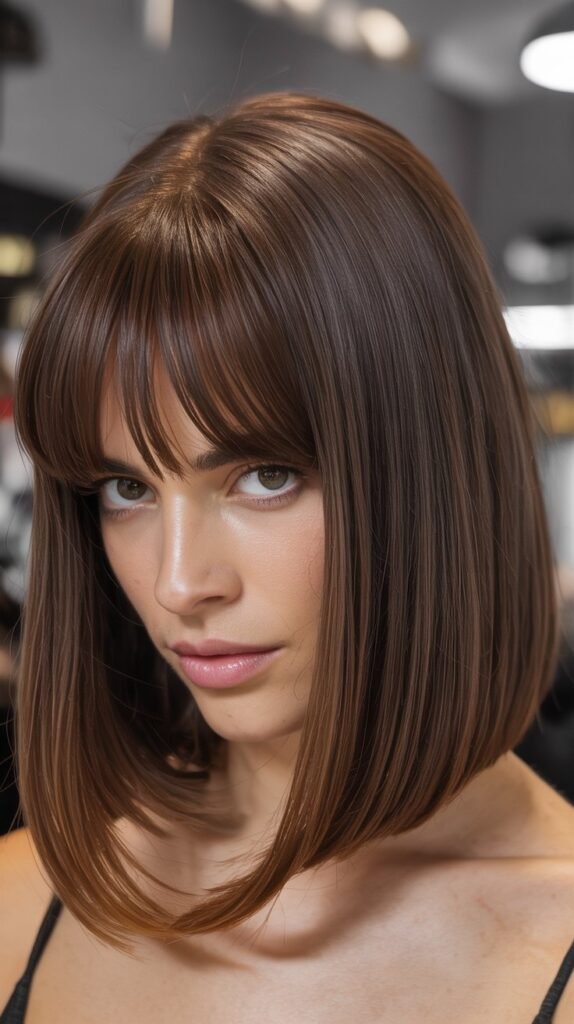  Blunt Cut Long Bob with Curtain Bangs and Middle Part