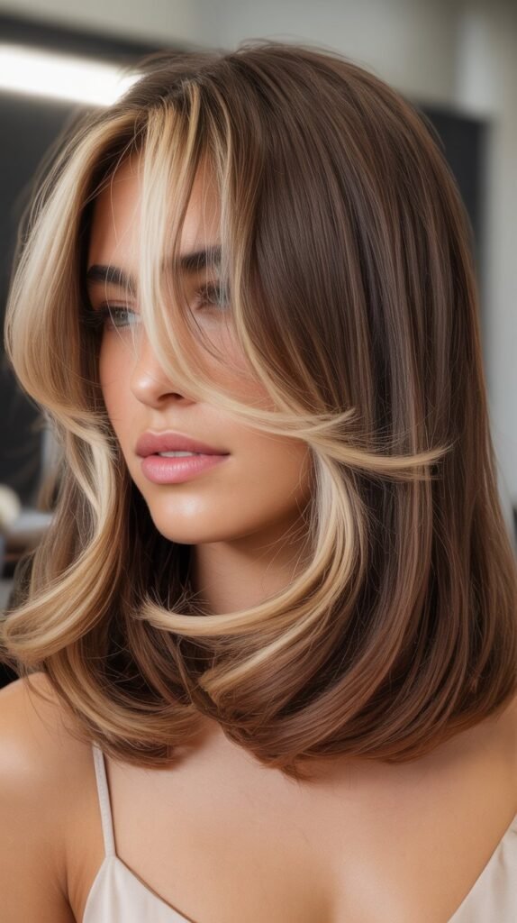  Long Bob with Curtain Bangs and Money Pieces