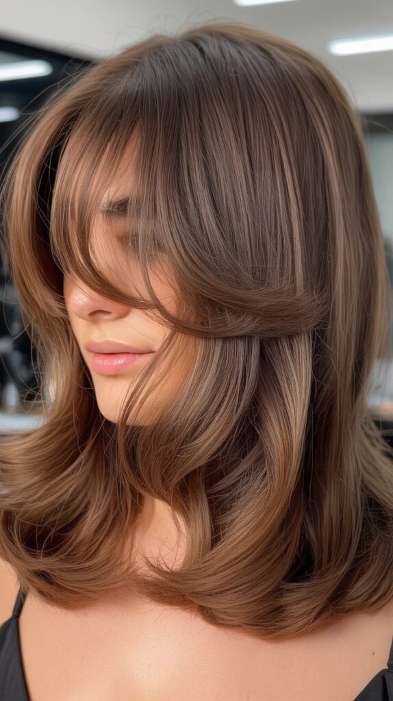 Wavy Long Bob with Curtain Bangs and Highlights