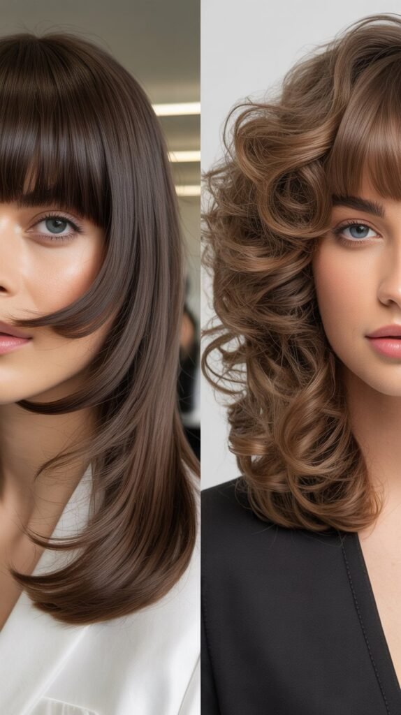 Curly Long Layered Bob with Curtain Bangs