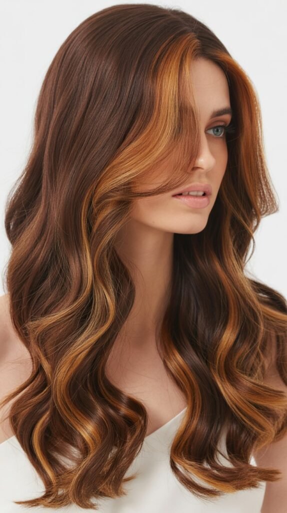 Classic Long Wavy Brown Wig with Soft Caramel Highlights