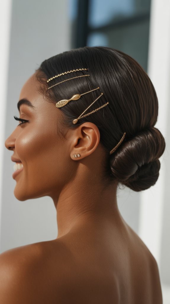 Sleek Low Bun with Gold Accessories