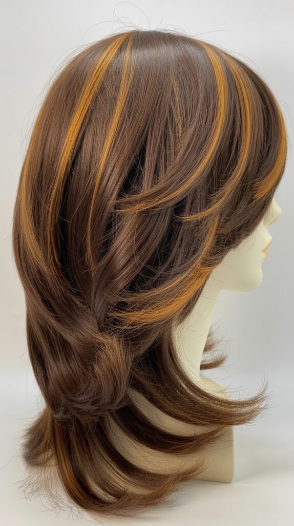 Layered Brown Wig with Chunky Caramel Highlights