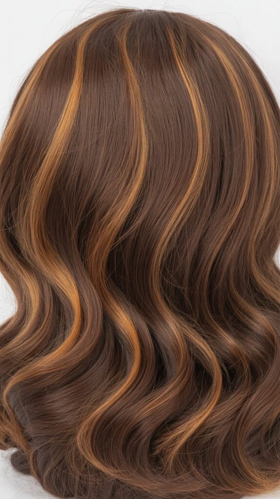 Brown Wig with Caramel Ribbon Highlights