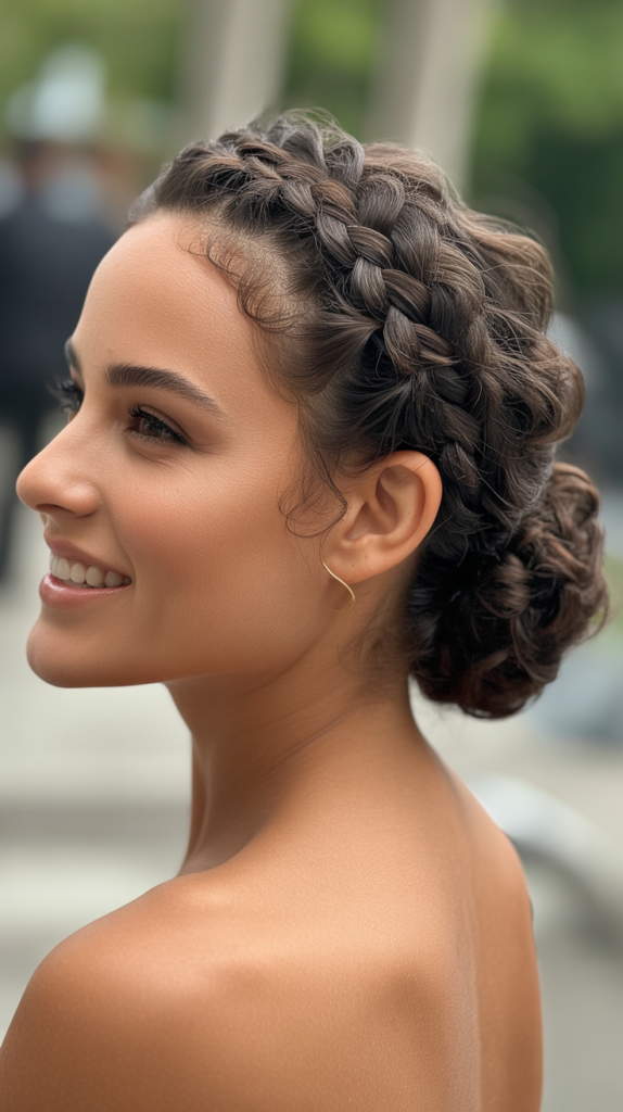 Curly Braided Crown with Low Bun