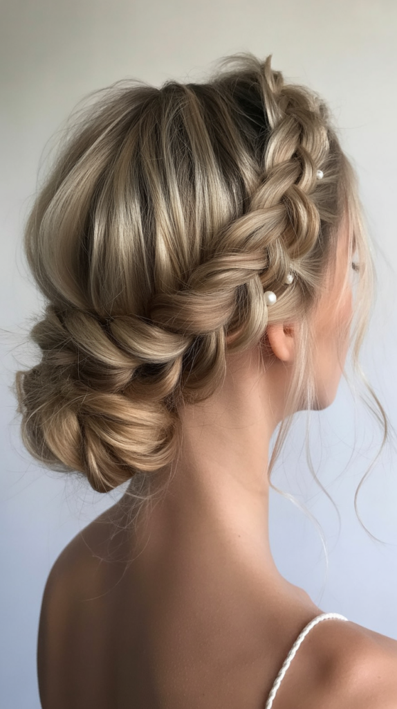 Romantic Halo Braid with Low Bun