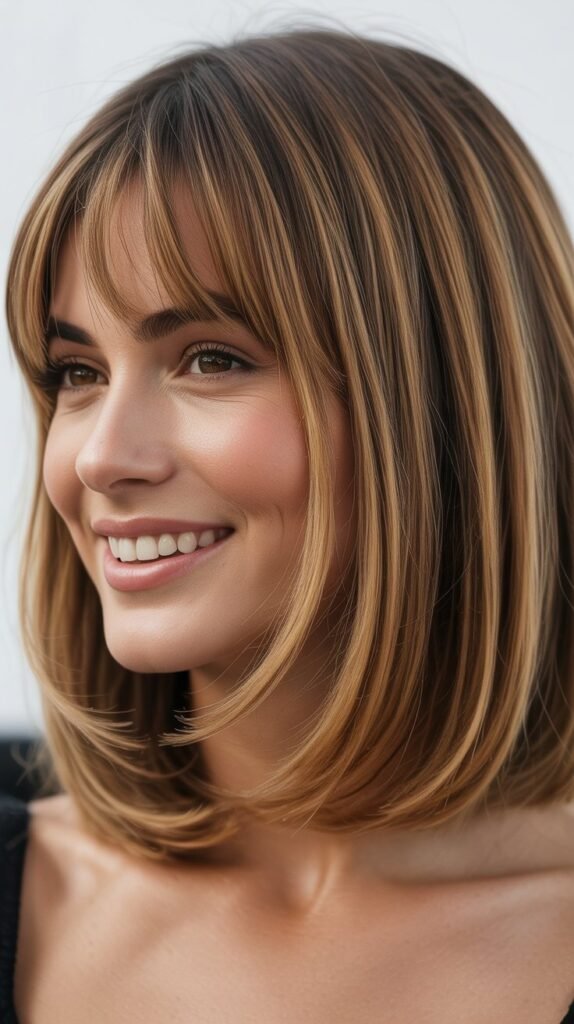 Long Bob with Curtain Bangs and Peek-A-Boo Highlights