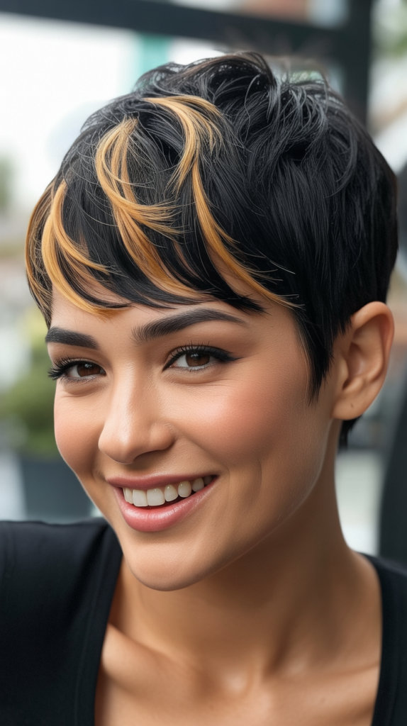 Blonde Highlights on Black Pixie Cut