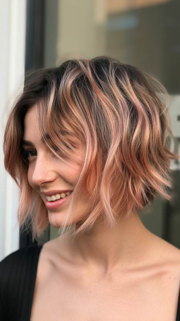 Shaggy Choppy Bob with Rose Gold Balayage