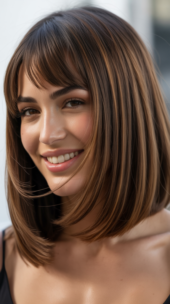 Asymmetrical Long Bob with Side-Swept Curtain Bangs