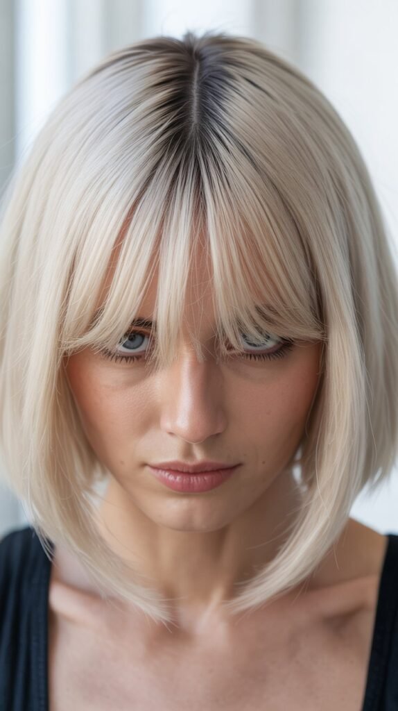 Sleek Platinum Long Bob with Curtain Bangs