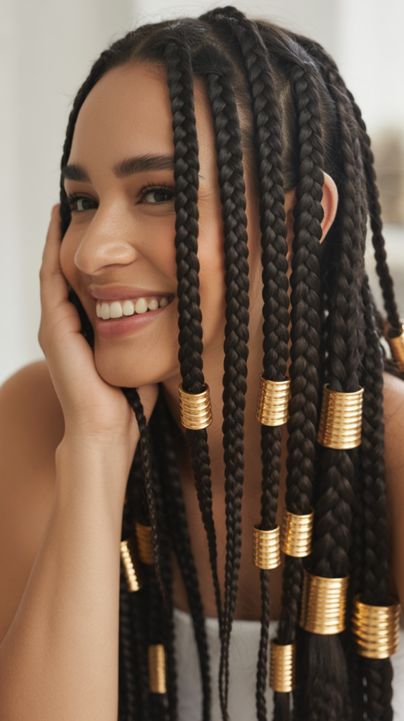 Side Part Knotless Braids with Gold Cuffs