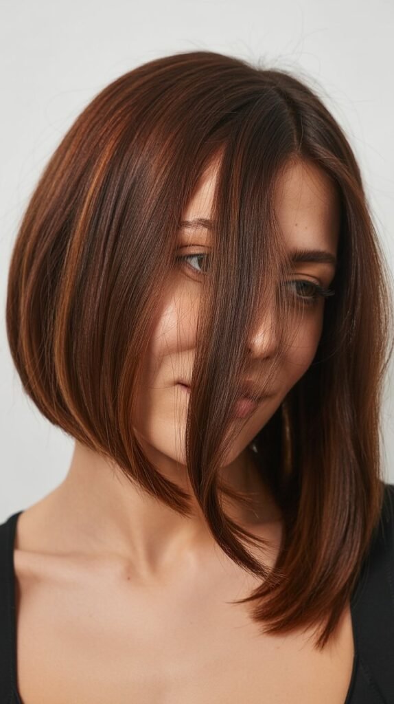 Asymmetrical Long Bob with Side-Swept Curtain Bangs