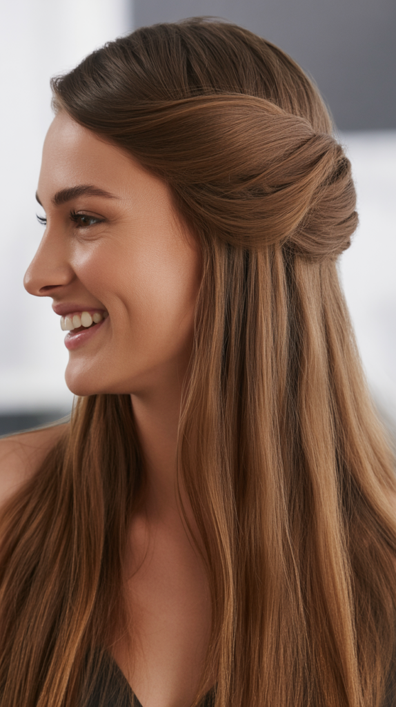  Straight Hair with Twisted Half-Updo