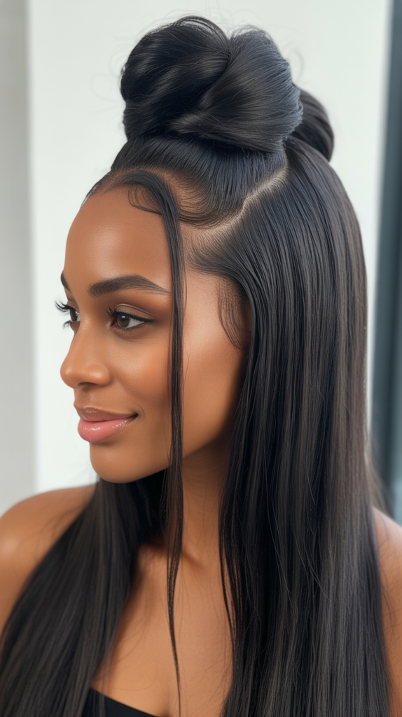 Straight Hair Twisted Updo with Hanging Pieces